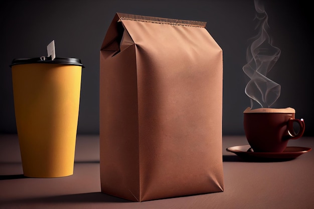 Mockup Craft Paper Pouch Bag auf dem Tisch bei Kaffeebohnen AI generiert