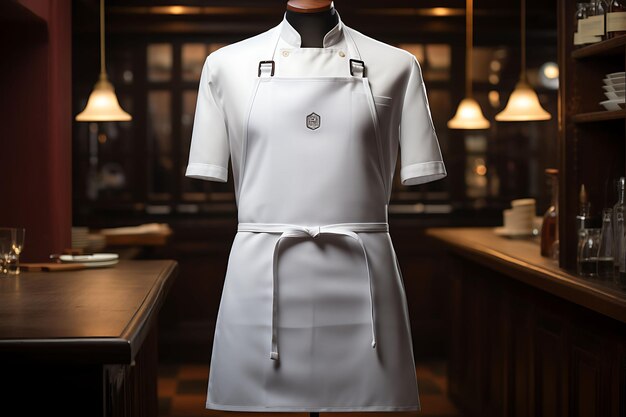 Foto mockup creativo de un delantal de chef blanco y limpio colgado en un diseño de colección de uniformes profes