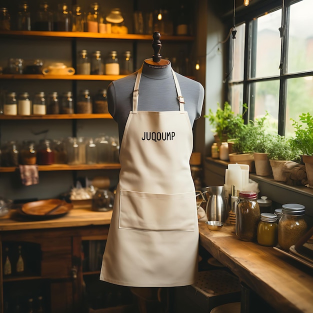 Foto mockup creativo de un delantal de chef blanco y limpio en un diseño de colección de uniformes rustic farmhou