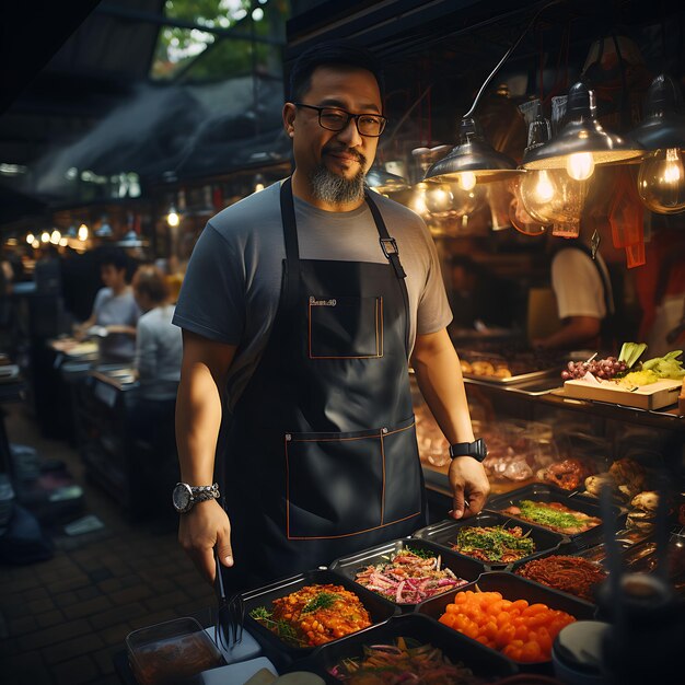 Mockup creativo de un delantal de chef en un bullicioso camión de comida capturando el diseño de la colección de uniformes