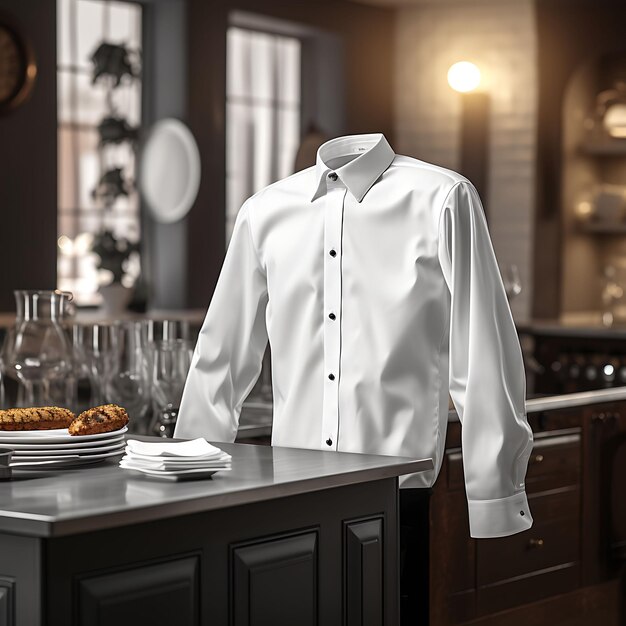Foto mockup creativo de un uniforme de chef blanco y limpio en un diseño elegante de colección de uniformes calientes