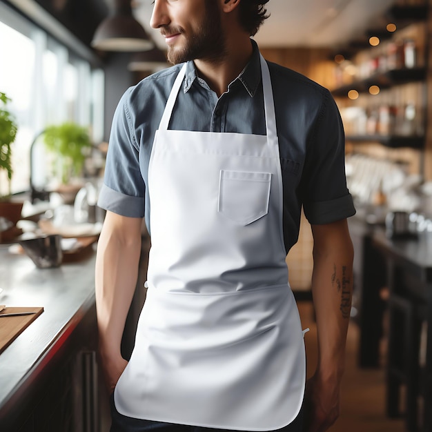 Foto mockup criativo de um avental de chef branco limpo em um design contemporâneo de coleção de uniformes f