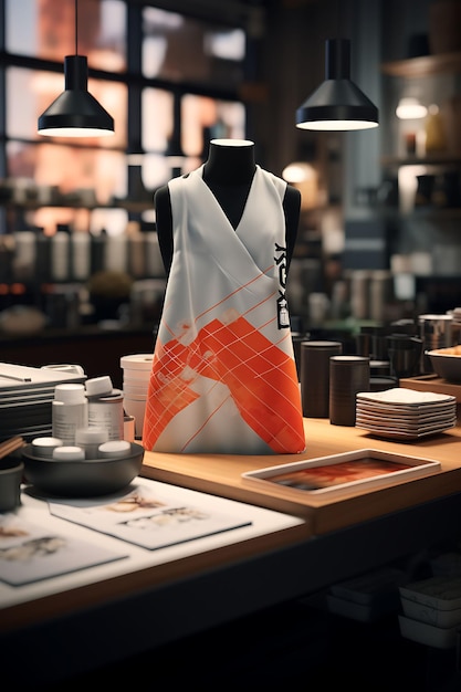 Foto mockup criativo de um avental de chef em um design de coleção de uniforme contemporâneo do fusion sushi bar co