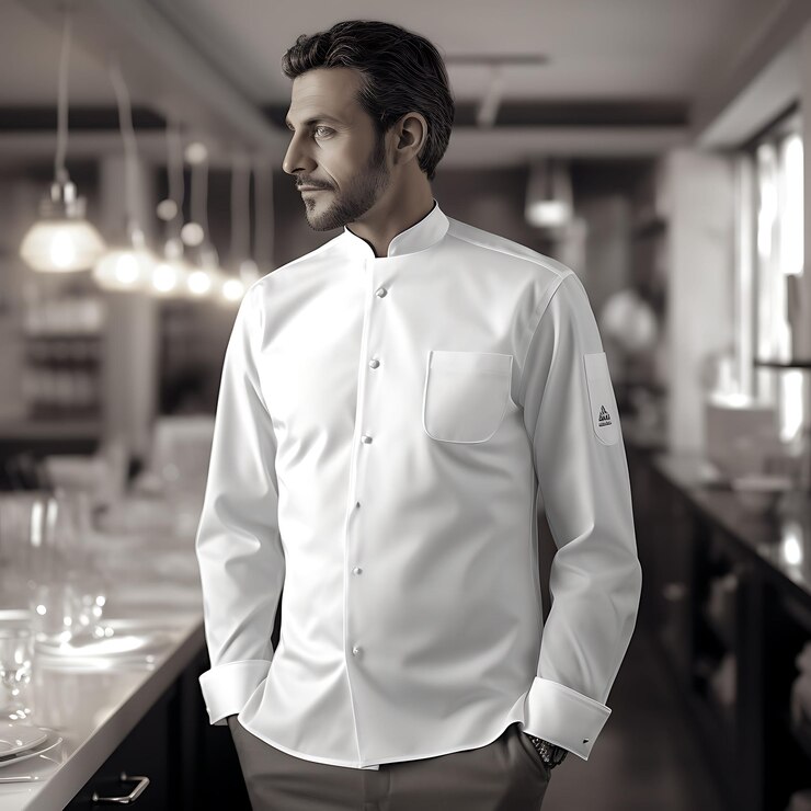 Foto mockup criativo de um uniforme de chef branco e limpo em um design elegante de coleção de uniformes quentes