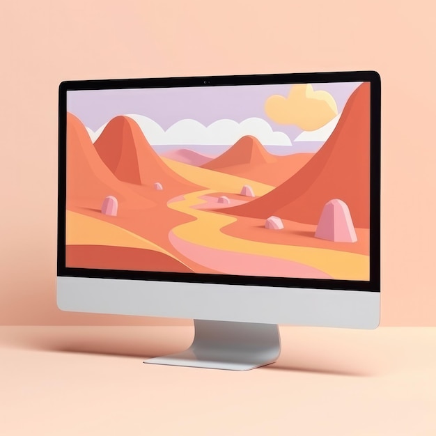 Foto mockup da tela do laptop do pc contém uma ilustração de página de chegada em cores pastel claras generative ai