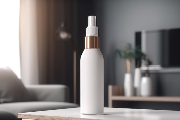 Mockup de base de spray de garrafa branca em branco com IA generativa de fundo de sala de estar