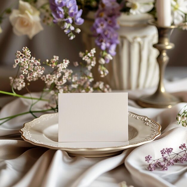 Mockup de cartão de espaço em branco para Nome de lugar Saudação dobrada de mesa de casamento de fundo