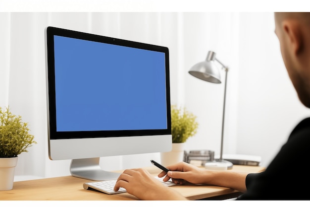 Foto mockup de computador de mesa profissional em um ambiente de escritório brilhante