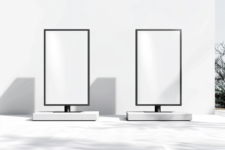 Foto mockup de dois stands publicitários em fundo branco
