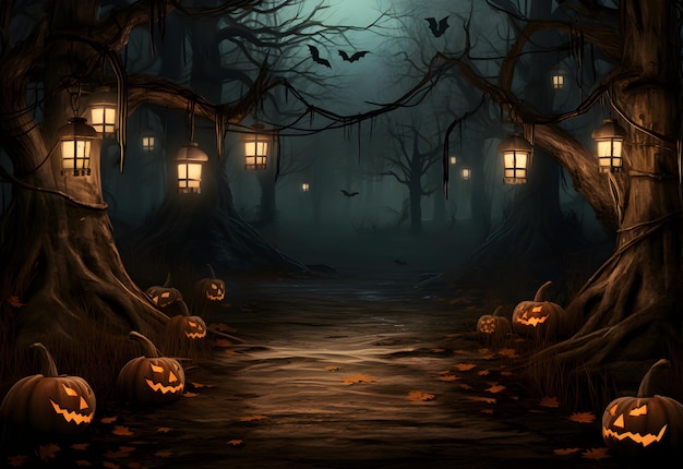 Mockup de floresta escura mística de Halloween com decorações de abóboras e fundo assustador Gerado por IA