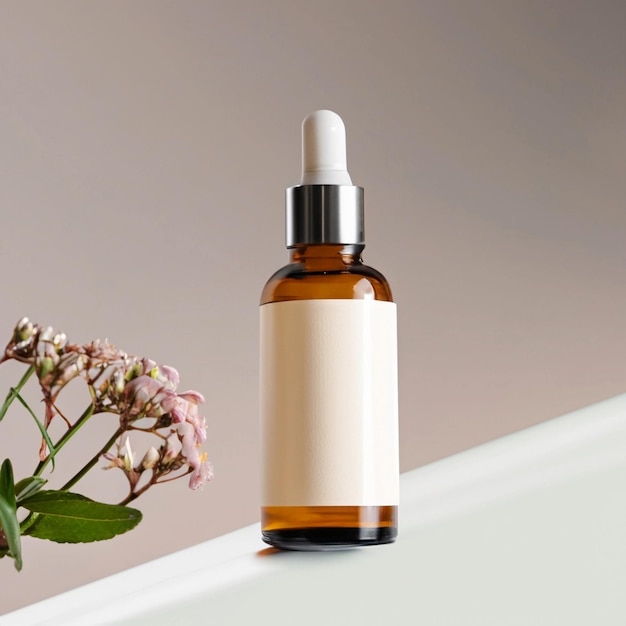 Mockup de garrafa de vidro de soro floral natural tratamento de loção de gotícula para produtos cosméticos de cuidados com a pele