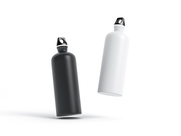Mockup de garrafas de esporte aquático preto e branco isolado em renderização 3d de fundo branco
