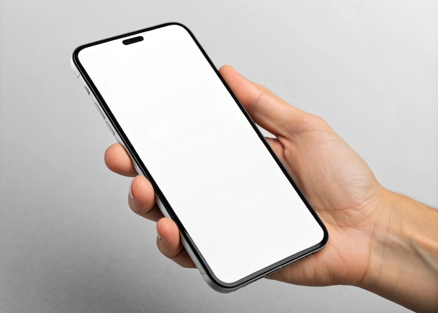 Mockup de iPhone 3D realista segurado na mão com tela branca em branco e preta perfeita para exibição de aplicativos