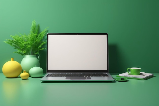 Mockup de laptop em branco com fundo verde e elementos decorativos AI Gerado