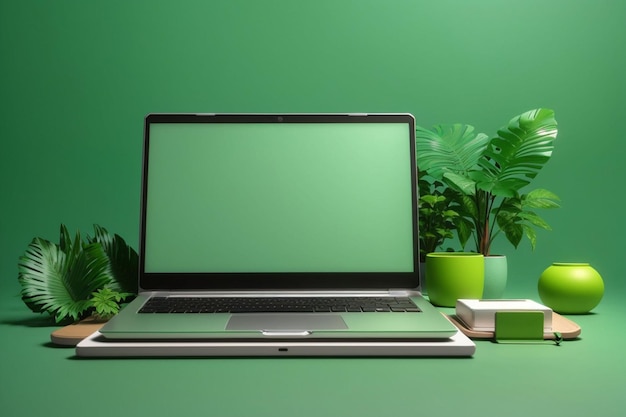 Mockup de laptop em branco com fundo verde e elementos decorativos AI Gerado