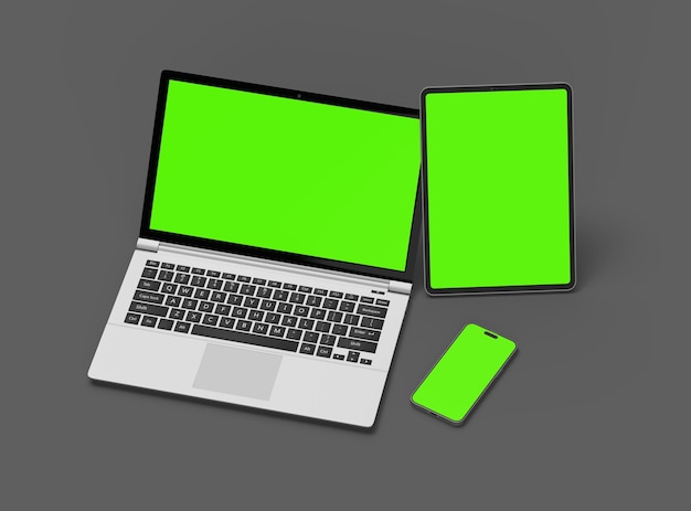 Mockup de laptop, tablet e smartphone em um fundo cinzento