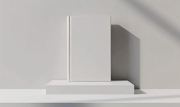 mockup de livro branco vista frontal com capa dura em branco de pé sobre mesa branca renderização 3D