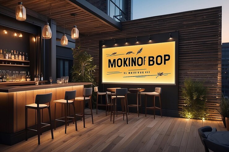 Foto mockup de marca de bares no telhado integrar o logotipo em menus de sinalização ao ar livre e iluminação ambiente