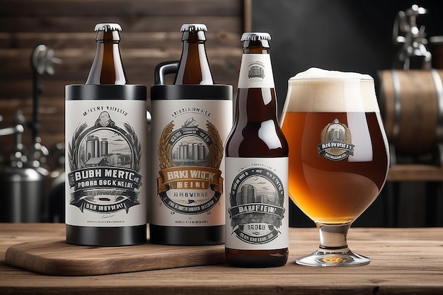 Foto mockup de marca de cervejaria apresentar o logotipo nos rótulos da cerveja, nas alças das torneiras e na sinalização da cervejeria