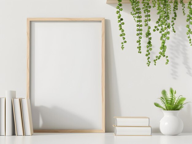 Mockup de moldura de madeira em branco na prateleira com livros e planta pendurada Design minimalista moderno