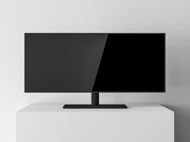 Mockup de monitor ultra largo com tela em branco na renderização 3d de mesa branca