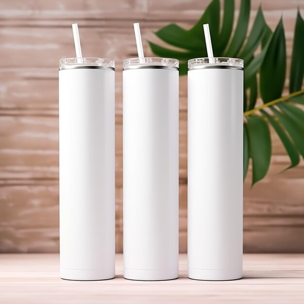 Mockup de Oz em branco Skinny três Tumbler com palha sentado Mockup White Skinny Tumbler Mockup