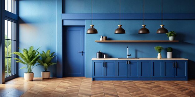 Foto mockup de parede azul escuro na cozinha e design de interiores minimalista renderização 3d