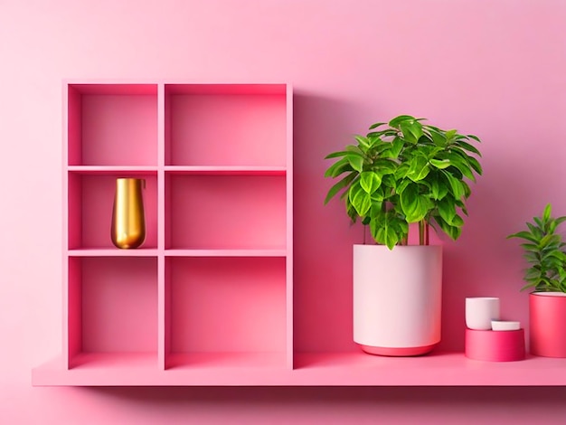 Foto mockup de parede rosa com planta rosa e prateleira3d renderização de imagem download