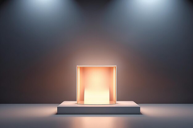 Mockup de pedestal brilhante quadrado em branco perto da parede renderização 3D palco de vitrine em chamas vazio para exibição mock up cena futurista clara com lâmpada incandescente e modelo de mokcup de fumaça