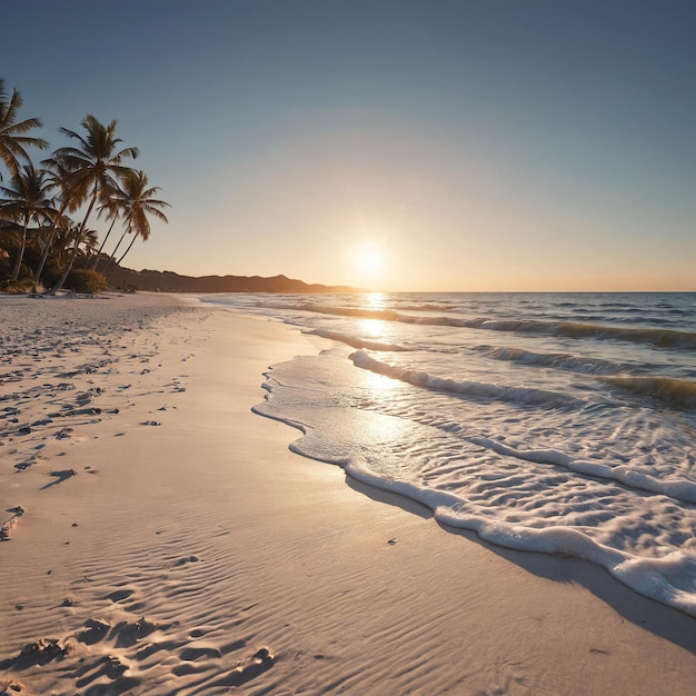 mockup de praia fundo uma praia com palmeiras e o pôr do sol