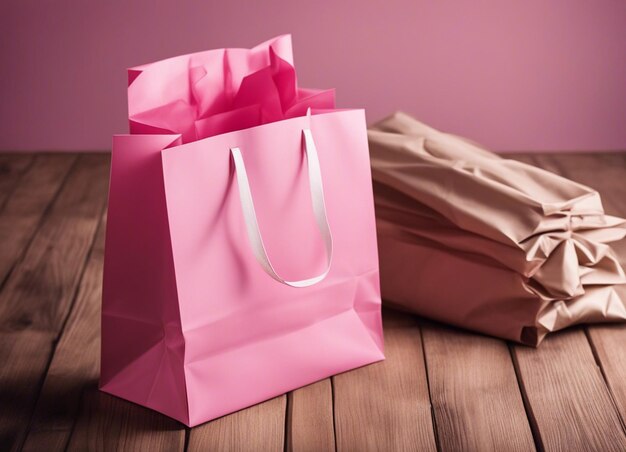 Foto mockup de saco de compras em branco sacos de papel em branco rosa
