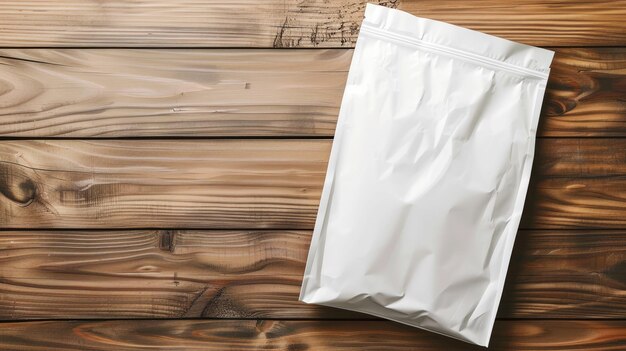 Foto mockup de saco de embalagem branco em uma mesa de madeira