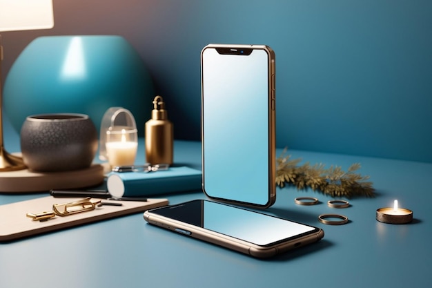 Mockup de smartphone em branco com fundo azul e elementos decorativos AI Gerado