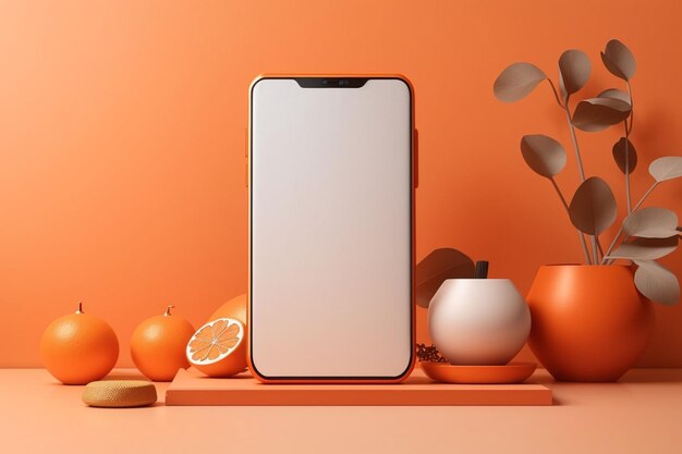 Mockup de smartphone em branco com fundo laranja e elementos decorativos AI Gerado