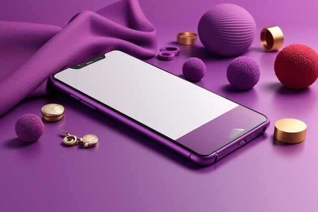 Mockup de smartphone em branco com fundo roxo e elementos decorativos AI Gerado