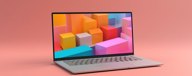 Mockup de um laptop apresentado em um estilo de arte digital com iluminação de estúdio clara e brilhante