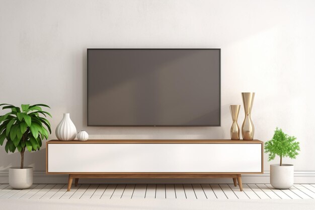 Foto mockup de uma exibição de um armário de tv em um espaço moderno minimalista branco organizou uma área de entretenimento