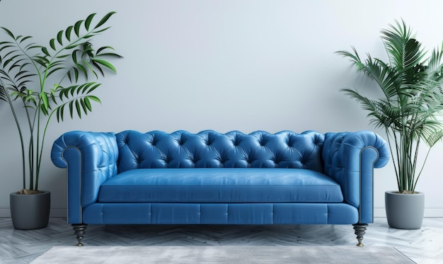 Mockup des Innenraums mit blauem Sofa, Holztisch und Dekoration im blauen Wohnzimmer