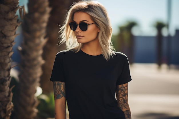 Mockup Design Lifestyle Schwarzes T-Shirt mit einem blonden Mädchen und einem tätowierten Modell AI