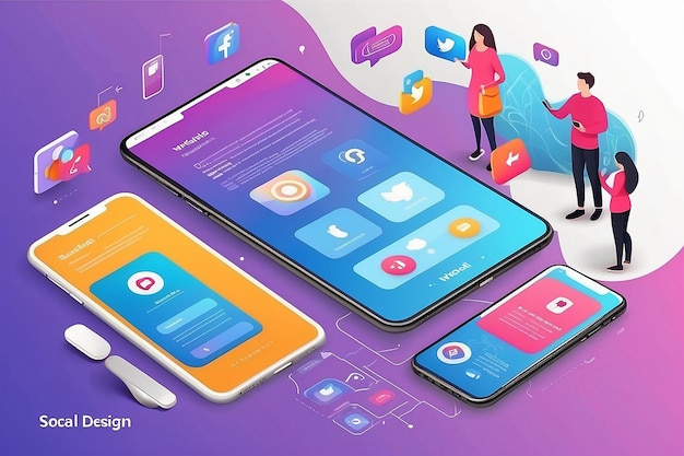 Mockup design website flat design concept plataforma de mídia social com toque humano dispositivo móvel e tela de smartphone