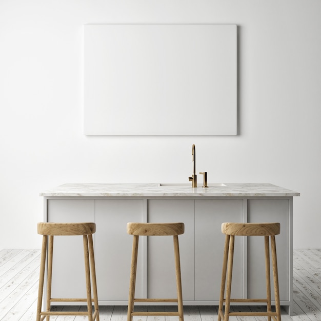 Mockup die Küche mit einem horizontalen leeren Plakat, skandinavisches Design, 3D-Rendering, 3D-Illustration