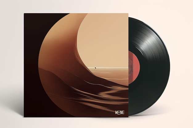 Mockup Disco de vinilo negro con portada cuadrada con ondas marrones aisladas sobre fondo blanco IA generativa