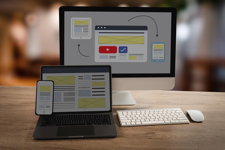 Foto mockup de diseño de sitio web responsivo en tabletas portátiles de escritorio y teléfonos inteligentes para el desarrollo web moderno y proyectos uiux