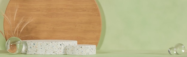 Mockup dois pódio de terrazzo para pódio de apresentação de produtos com modelo e ilustração 3d de luz matinal