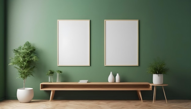 Mockup de dos marcos de carteles en un fondo interior minimalista con una pared verde blanca