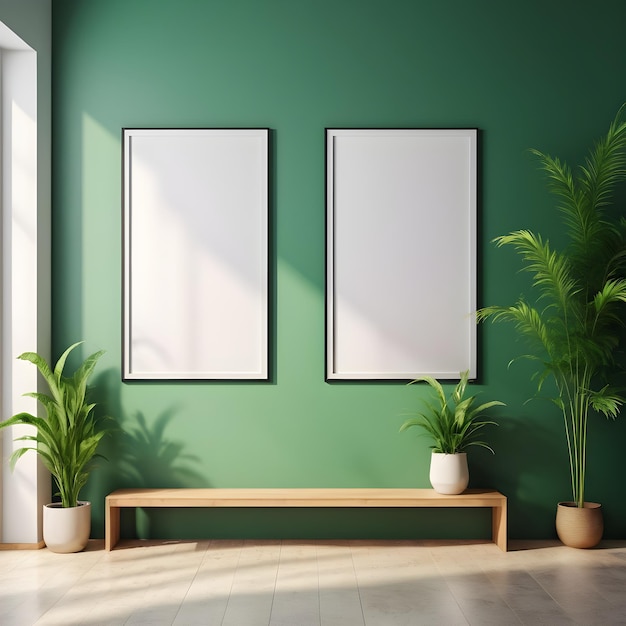 Mockup de dos marcos de carteles en un fondo interior minimalista con una pared verde blanca