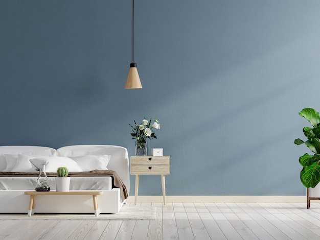 Mockup dunkelblaue Wand im Schlafzimmerinnenhintergrund, 3D-Rendering