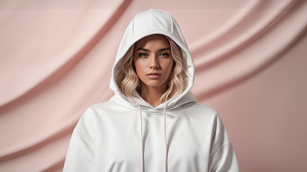Foto mockup einer frau, die einen einfachen weißen hoodie gegen einen minimalistischen hintergrund trägt