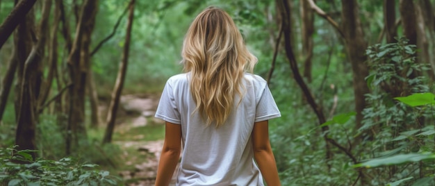 Mockup einer Frau, die im Wald spazieren geht Generative KI