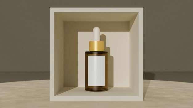 Mockup einer Hautpflegeserum-Tropfflasche in einer quadratischen Box Tröpfchenpipette kosmetische 3D-Rendering